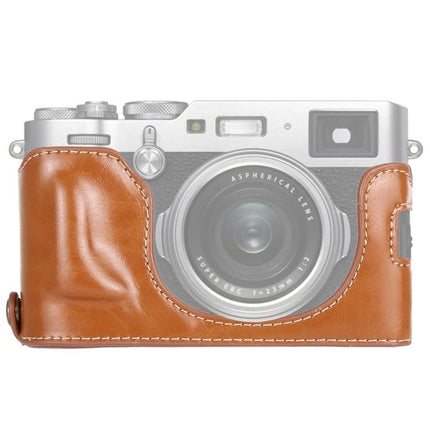 Protective PU Leather Half Case for Fujifilm X100F Camera Protection — brown PU leather half case fitted on X100F, protects from dust and scratches