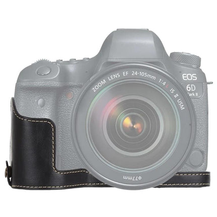 Classic PU Leather Protective Half Case for Canon DSLRs fitted on Canon DSLR showing black PU leather protection and access