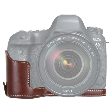 Classic PU Leather Protective Half Case for Canon DSLRs shown on Canon DSLR in brown PU leather with stitched design