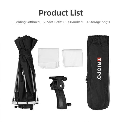 Triopo 90cm Octagon Softbox for Flash Photography Diffusion - kit laid out: folding softbox, two soft cloths, handle, storage bag