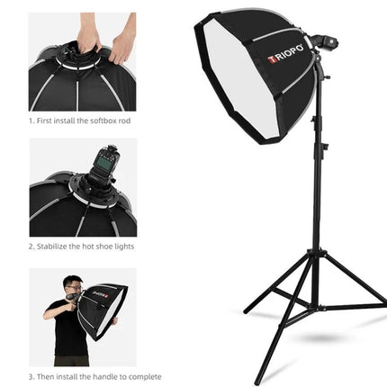 Triopo 90cm Octagon Softbox for Flash Photography Diffusion mounted on stand with hot-shoe flash and step-by-step assembly images