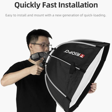 Triopo 90cm Octagon Softbox for Flash Photography Diffusion being attached to an on-camera flash for quick installation and soft lighting