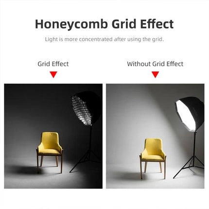 Triopo 65cm Honeycomb Octagon Softbox for Studio Lighting demonstrating honeycomb grid effect vs without grid on a chair set-up