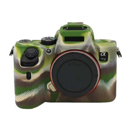 Soft Silicone Protective Case for Sony Mirrorless Cameras in green camo, stretchable durable silicone fit for outdoor travel and scratch protection