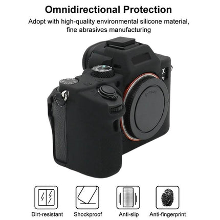 Soft Silicone Protective Case for Sony Mirrorless Cameras shown on a black Sony mirrorless body, dirt-resistant, shockproof, anti-slip protection