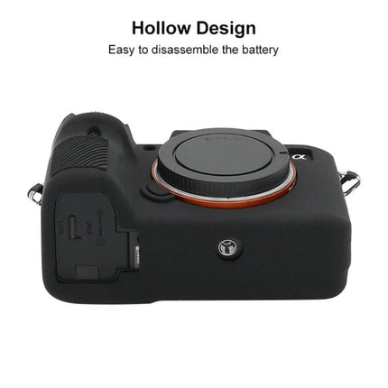 Soft Silicone Protective Case for Sony Mirrorless Cameras showing hollow design, easy battery access and scratch-resistant black silicone cover