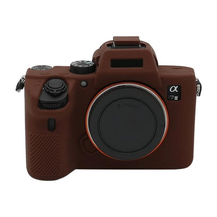 Soft Silicone Protective Case for Sony Mirrorless Cameras in brown on Sony a7 III body, flexible durable silicone cover protecting camera body
