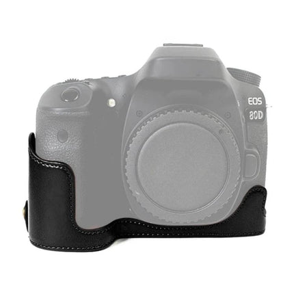 PU Leather Half Case for Canon EOS 80D Cameras protecting camera body with durable black PU leather half-case for travel and outdoor use