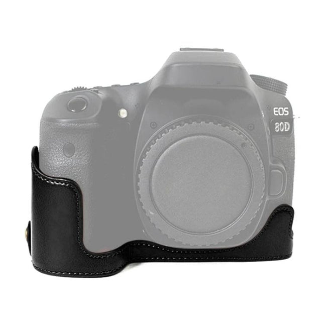 PU Leather Half Case for Canon EOS 80D Cameras protecting camera body with durable black PU leather half-case for travel and outdoor use