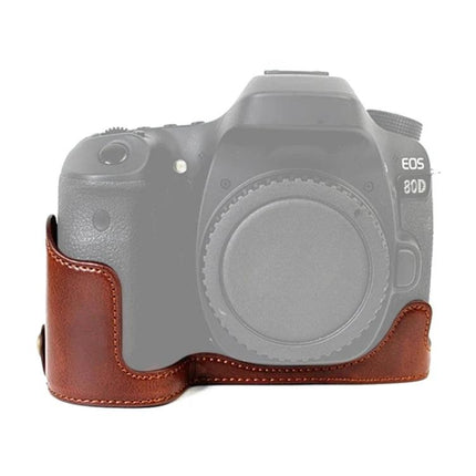 PU Leather Half Case for Canon EOS 80D Cameras brown PU leather protective half case fitted on camera body