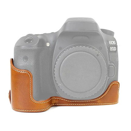PU Leather Half Case for Canon EOS 80D Cameras - brown protective half case on camera body for travel and outdoor use