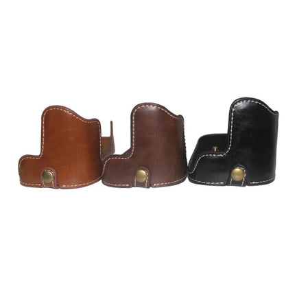 PU Leather Half Case for Canon EOS 80D Cameras in brown, dark brown and black showing durable stitched exterior and quick-access design