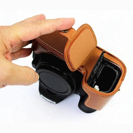 PU Leather Half Case for Canon EOS 80D Cameras showing brown PU leather half case protecting camera body with quick access flap open