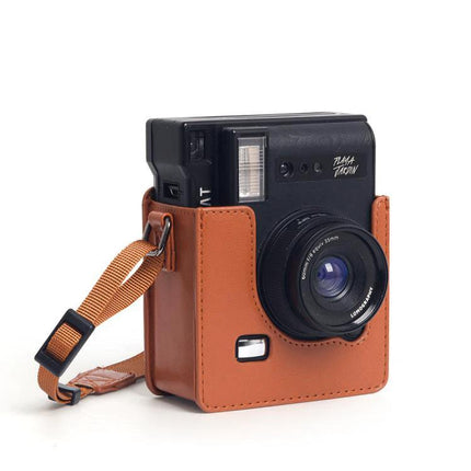Vintage PU Leather Protective Case for Instax Cameras in brown PU leather with strap, showing front and camera lens protection