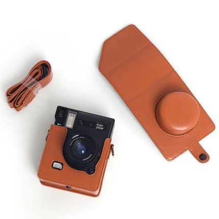 Vintage PU Leather Protective Case for Instax Cameras shown with brown PU leather case, strap, and Instax camera protecting lens and body