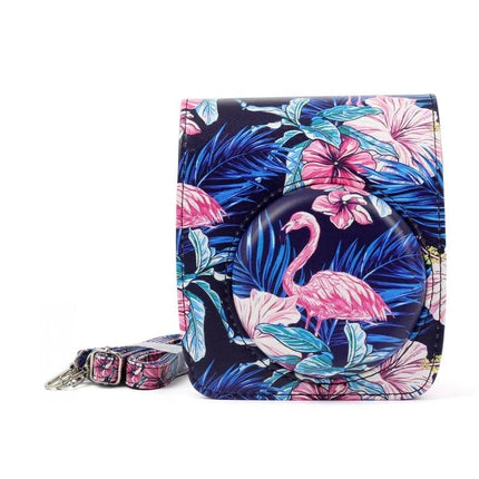 PU Leather Protective Case with Flamingo Pattern for Instax Cameras - navy floral flamingo design, protective PU leather camera bag for Instax Mini90