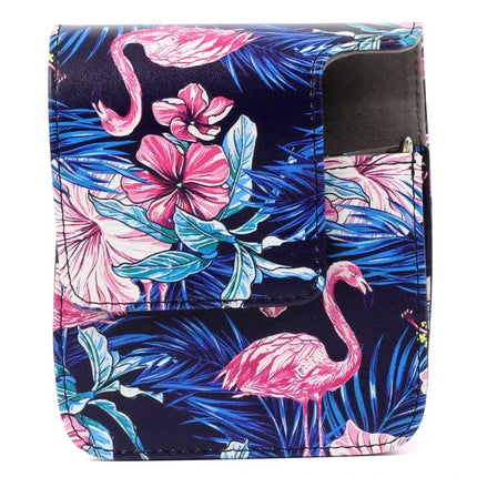 PU Leather Protective Case with Flamingo Pattern for Instax Cameras — navy pink flamingo print case for Instax Mini90 with lens pocket, lightweight protection