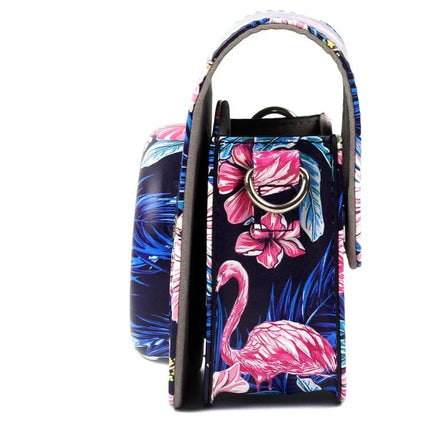 PU Leather Protective Case with Flamingo Pattern for Instax Cameras side view showing flamingo print, handle and ring, protective fitted design