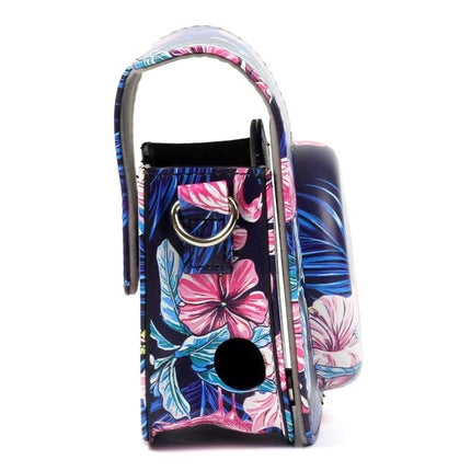 PU Leather Protective Case with Flamingo Pattern for Instax Cameras shown side view with tropical floral print, strap and lens opening for Instax Mini90