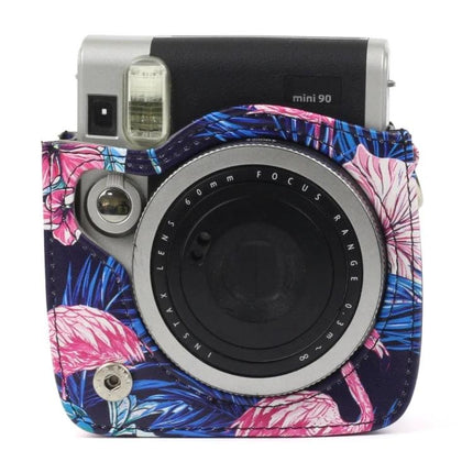 PU Leather Protective Case with Flamingo Pattern for Instax Cameras showing Instax Mini90 in pink flamingo print, protective PU leather travel camera case