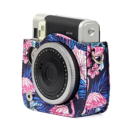 PU Leather Protective Case with Flamingo Pattern for Instax Cameras - flamingo PU leather cover for Instax Mini90 with lens slot, travel protection