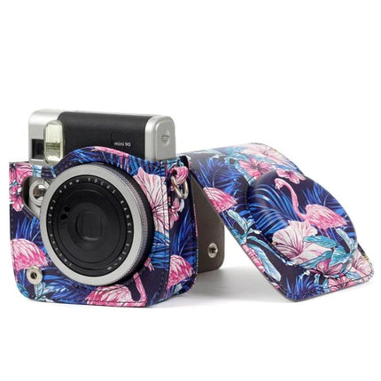 PU Leather Protective Case with Flamingo Pattern for Instax Cameras showing Instax Mini90 with matching flamingo-print cover and quick-access design