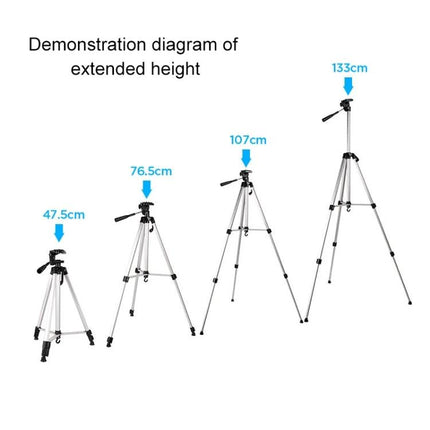 Aluminum Alloy Live Broadcast Tripod with Adjustable Height shown at 47.5cm, 76.5cm, 107cm and 133cm extended positions for streaming and vlogging
