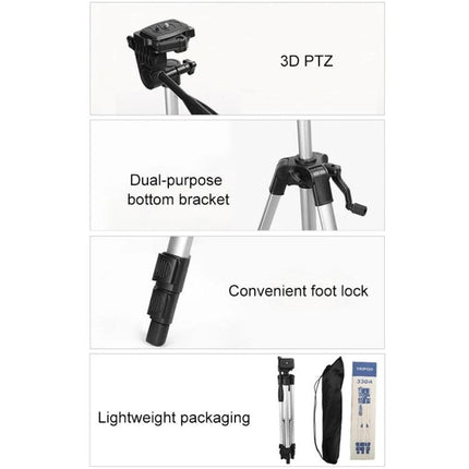 Aluminum Alloy Live Broadcast Tripod with Adjustable Height shown with 3D PTZ head, dual-purpose bracket, foot lock and lightweight carry bag