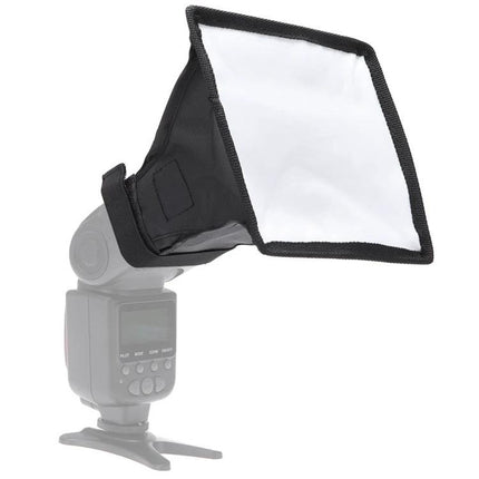 Portable 15x17 cm Flash Folding Soft Box in Black and White on a camera flash diffuser for even studio and outdoor lighting