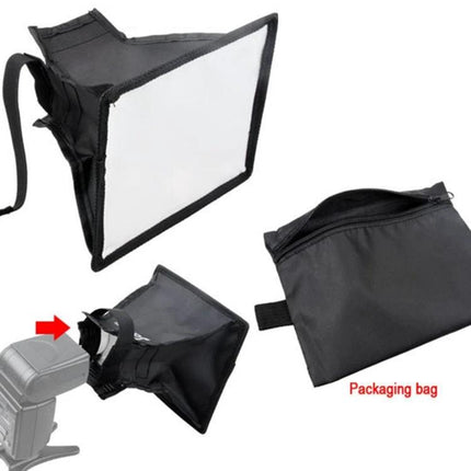 Portable 15x17 cm Flash Folding Soft Box in Black and White shown attached to flash with carrying pouch