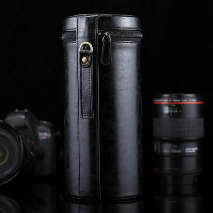 Extra Large Zippered PU Leather Pouch for Camera Lenses in black, protective travel case for DSLR lenses