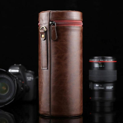 Extra Large Zippered PU Leather Pouch for Camera Lenses shown upright in brown leather with zipper, protecting DSLR lens during travel and storage