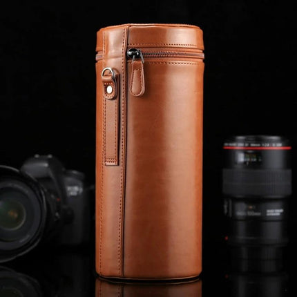 Extra Large Zippered PU Leather Pouch for Camera Lenses in tan brown, vertical protective case with zipper for DSLR lenses