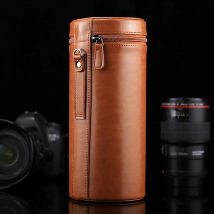 Extra Large Zippered PU Leather Pouch for Camera Lenses in brown, vertical protective case with zipper for DSLR lens storage