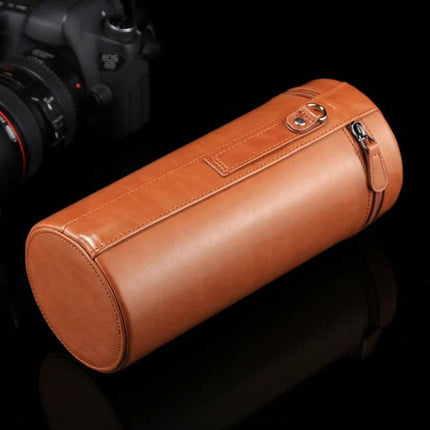 Extra Large Zippered PU Leather Pouch for Camera Lenses in tan brown, cylindrical protective lens case with zipper and buckle