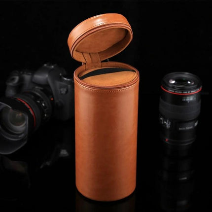 Extra Large Zippered PU Leather Pouch for Camera Lenses in tan with open top showing padded interior and DSLR gear background