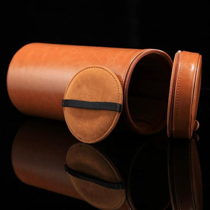 Extra Large Zippered PU Leather Pouch for Camera Lenses in tan brown, open with padded lens cap, protective travel storage