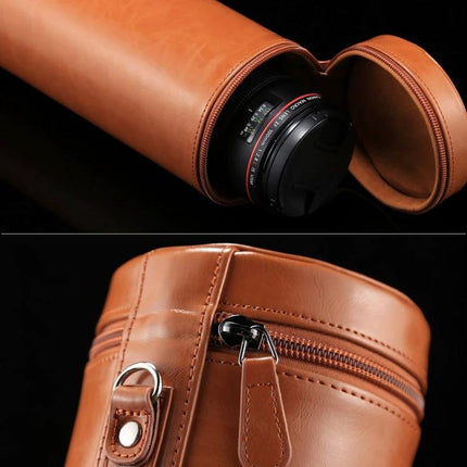 Extra Large Zippered PU Leather Pouch for Camera Lenses in brown showing padded interior, zipper closure and DSLR lens inside