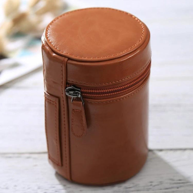 Brown PU Leather Zippered Protective Case for DSLR Camera Lenses - compact brown PU leather lens pouch with zipper for travel and storage