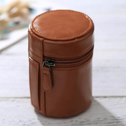 Small Zippered PU Leather Pouch for DSLR Camera Lenses in brown, compact protective case with zipper for travel and storage