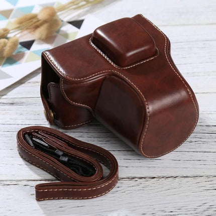 Durable PU Leather Camera Case with Adjustable Strap for Protection shown in brown PU leather with strap, fits Olympus EPL7/EPL8