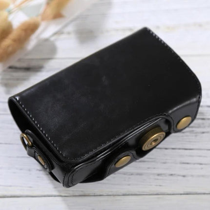PU Leather Protective Case with Strap for Canon PowerShot Cameras - black PU leather camera case with strap and brass button closures
