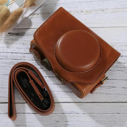 PU Leather Protective Case with Strap for Canon PowerShot Cameras in brown, durable exterior and soft interior, travel-friendly camera protection