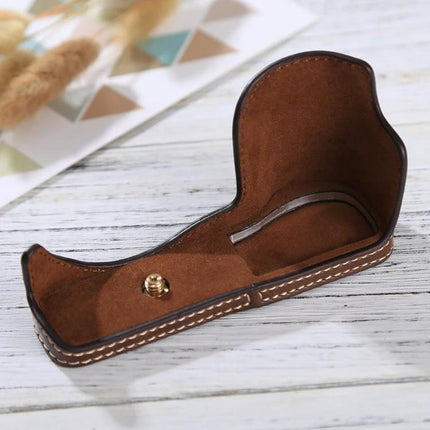 Protective PU Leather Half Case for Sony A5100 Camera brown PU leather half case showing interior lining and tripod screw mount