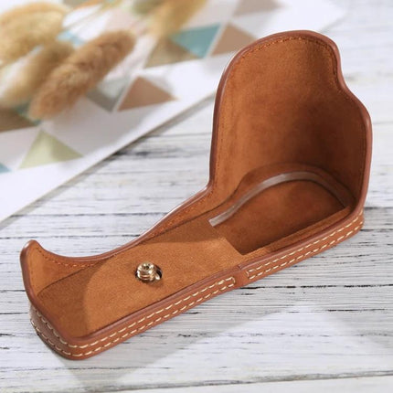 Protective PU Leather Half Case for Sony A5100 Camera in brown with stitched edge, open view showing suede interior and metal tripod screw