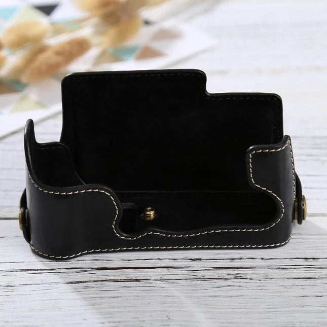 PU Leather Protective Half Case for Fujifilm X-E3 Camera – black stitched half-case open view showing interior and tripod mount access