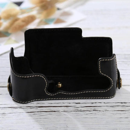 PU Leather Protective Half Case for Fujifilm X-E3 Camera in black PU leather with contrast stitching showing open half-case view