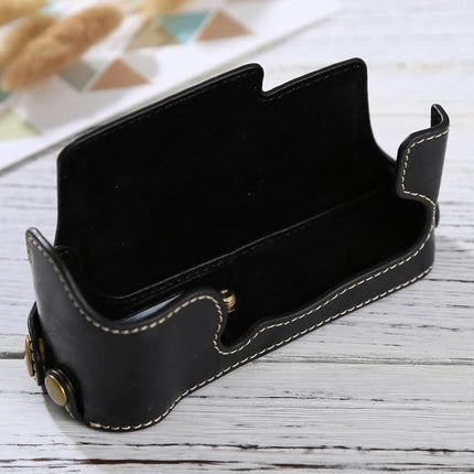 PU Leather Protective Half Case for Fujifilm X-E3 Camera black half case open showing interior and brass snap closures