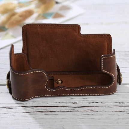 PU Leather Protective Half Case for Fujifilm X-E3 Camera in brown vintage-style synthetic leather, protective half case shown open with stitched edges