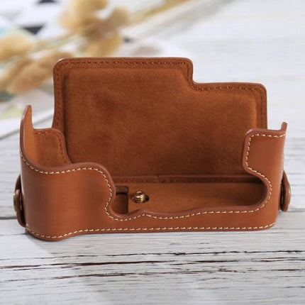 PU Leather Protective Half Case for Fujifilm X-E3 Camera - brown synthetic leather half-case with suede lining and stitched edges